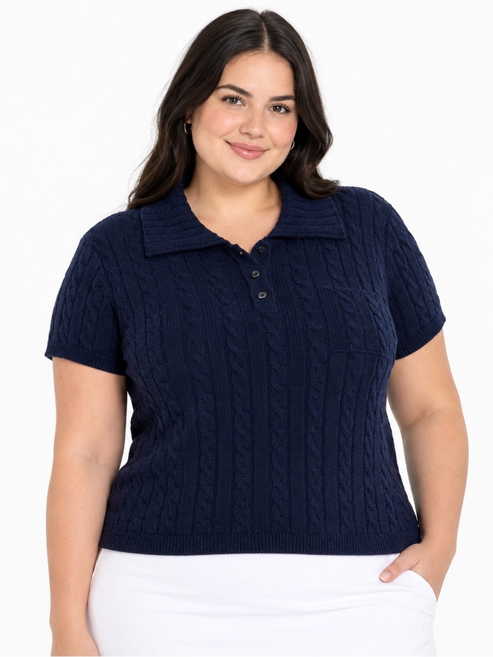 Wild Fable Women's Short Sleeve Cable Knit Polo Sweater Navy Blue Size XXL